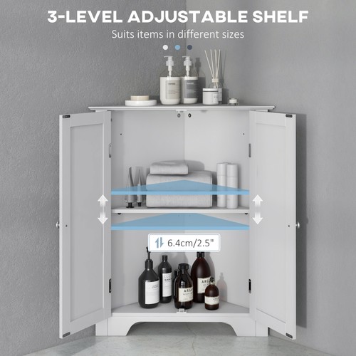 kleankin Corner Bathroom Cabinet, Recessed Doors and Adjustable Shelf, White - Picture 7 of 11