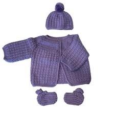 Baby sweater, hat, and booties set. Acrylic crochet. Purple. Handmade.