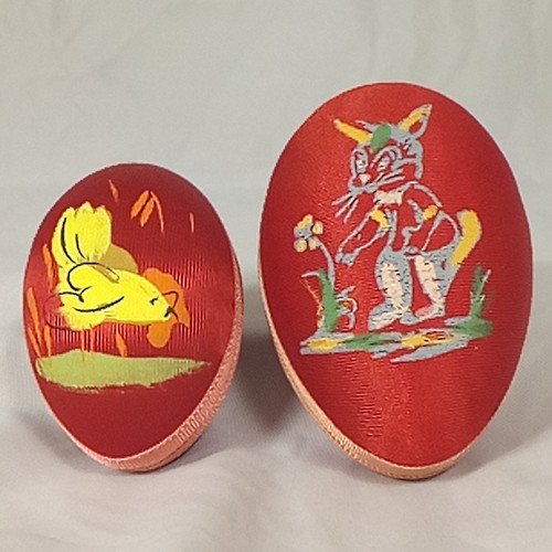 Greek Pasha Red Satin Egg Ornaments Chick Candy Holders Easter Papier Mache Vtg