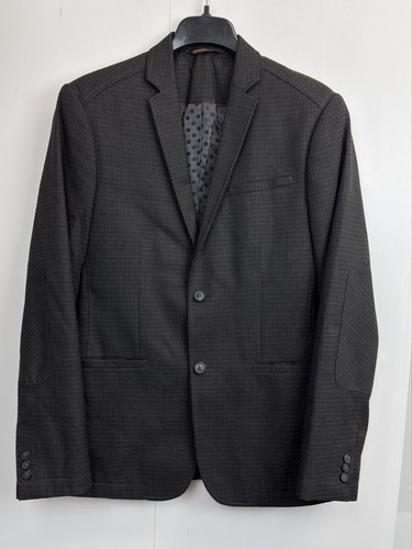 Perry Ellis Linen Blazer Mens 40R Grey Plaid Suit Jacket Sports Coat Elbow Patch - Picture 2 of 12