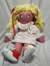Vintage 60s 70s Large Handmade Cloth Rag Doll 26" Blonde Hair Plaid Checkered 
