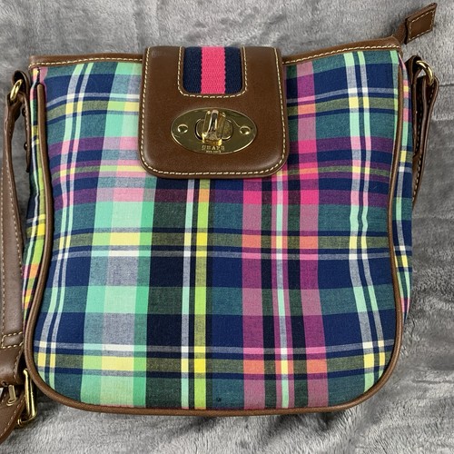 Vintage Chaps Crossbody Bag Madras Plaid Brass Turn Lock Adjustable Strap - Picture 3 of 17