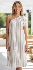 Madewell One-Shoulder Puff-Sleeve Midi Dress Women's XS Blue Striped NWT