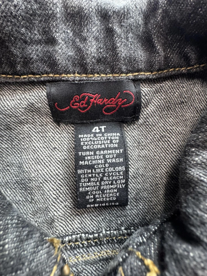 Chaleco Ed Hardy Niños 4T Negro Denim Cremallera Frontal Calavera Rosa Tatuaje Diseño Gráfico Foto 2 de 4