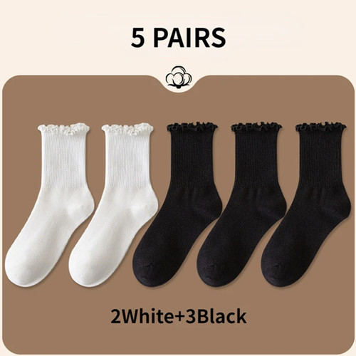 5 pares/lote calcetines para mujer volantes algodón tubo medio tobillo corto transpirable bla - Imagen 13 de 19