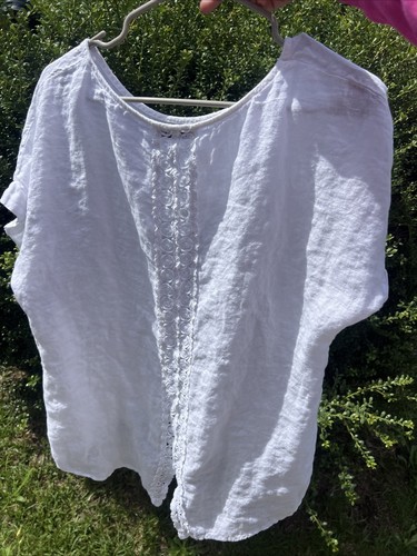 Terzo Millennio White Short Sleeve Women Blouse Size L Made in Italy 100% Linen - Picture 14 of 15