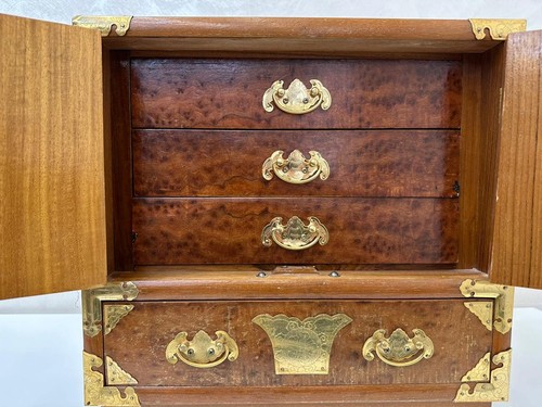 Cassettiera portagioie vintage legno teak e burl tansu coreano accessori ottone - Foto 8 di 17