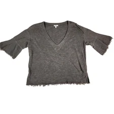 Splendid Womens Top XS Gray V Neck Bell Sleeve Frayed Hem Casual