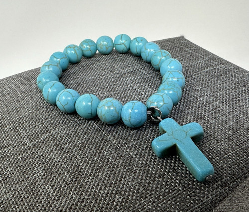 Handmade Howlite Turquoise Cross Bracelet - Stretch Beaded Spiritual Jewelry - Picture 3 of 10