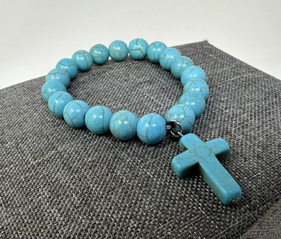 Handmade Howlite Turquoise Cross Bracelet - Stretch Beaded Spiritual Jewelry - Image 3 of 4