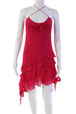 Zara Womens Spaghetti Strap V Neck Tiered Knee Length Dress Pink Size Small