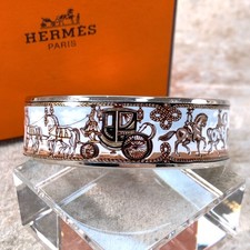 Vintage Hermes Bangle Bracelet White Black Enamel Horse Car Silver Rim 65 w/Case