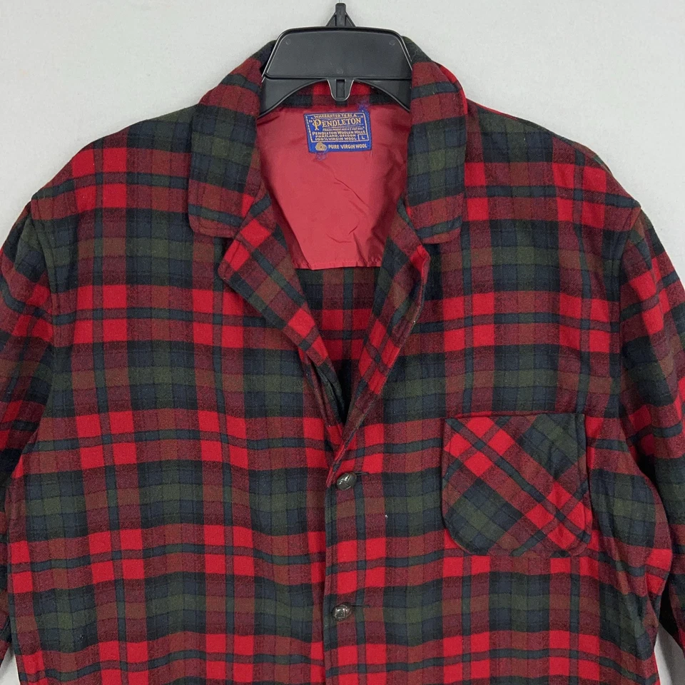 Vintage Pendleton Jacket Mens Large Red Black Wool Plaid Topster Shacket 60s USA - Image 2 of 4