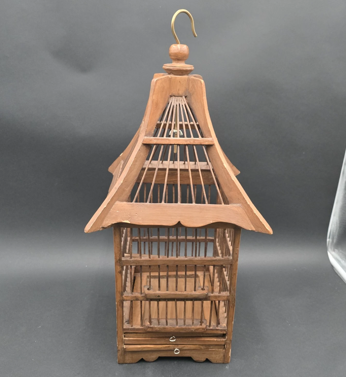 Vintage Wood Bird Cage Teak Bamboo Hanging 20 inch