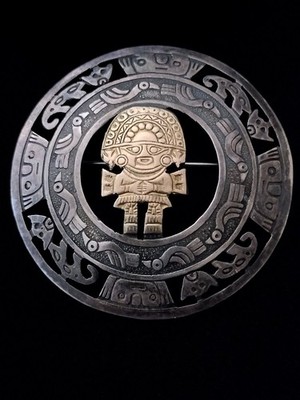 Vintage Peru 18K Yellow Gold & 925 Sterling Silver Aztec Mayan Brooch/Pendant
