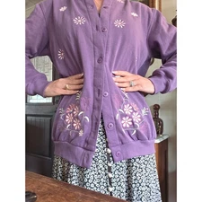 Jenny Buchanan Floral Embroidered Cardigan Grandma Core Button Up Lavender M