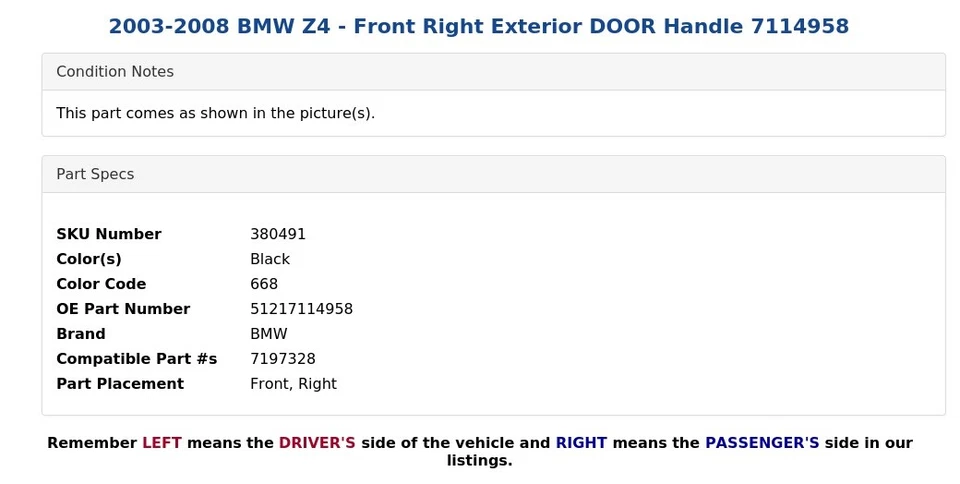2003-2008 BMW Z4 - Maçaneta externa dianteira direita 7114958 - Imagem 4 de 4