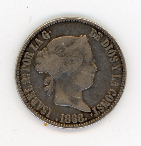 Spain España Philippines 50 Centavos 1868 VF KM 147 Silver Coin ref 2