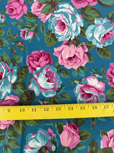 Cranston Print Works Vintage Cotton Pink Roses Teal Quilting Fabric 1 Yard 14” - Picture 2 of 3