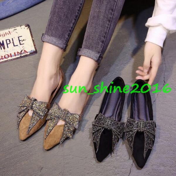 Womens bowknot Rhinestones Shoes Flats Heel Pointed Toe Ballet Loafers Slip On Womens bowknot Rhinestones Shoes Flats Heel Pointed Toe Ballet Loafers Slip On