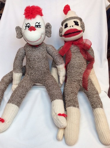 Refuced. Lot of 2 Sock Monkeys Handmade / Homemade Boy Girl Retro Brown Stuffed 