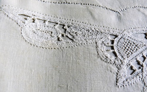 Pure Linen Thread Pillowcase Ecru Antique New Condition / Lace Embroidery Handmade - Picture 7 of 17