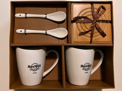 Hard Rock Hotel Casino Tulsa Coffee for Two Cups Spoons Coasters Gift Set - Picture 2 of 6