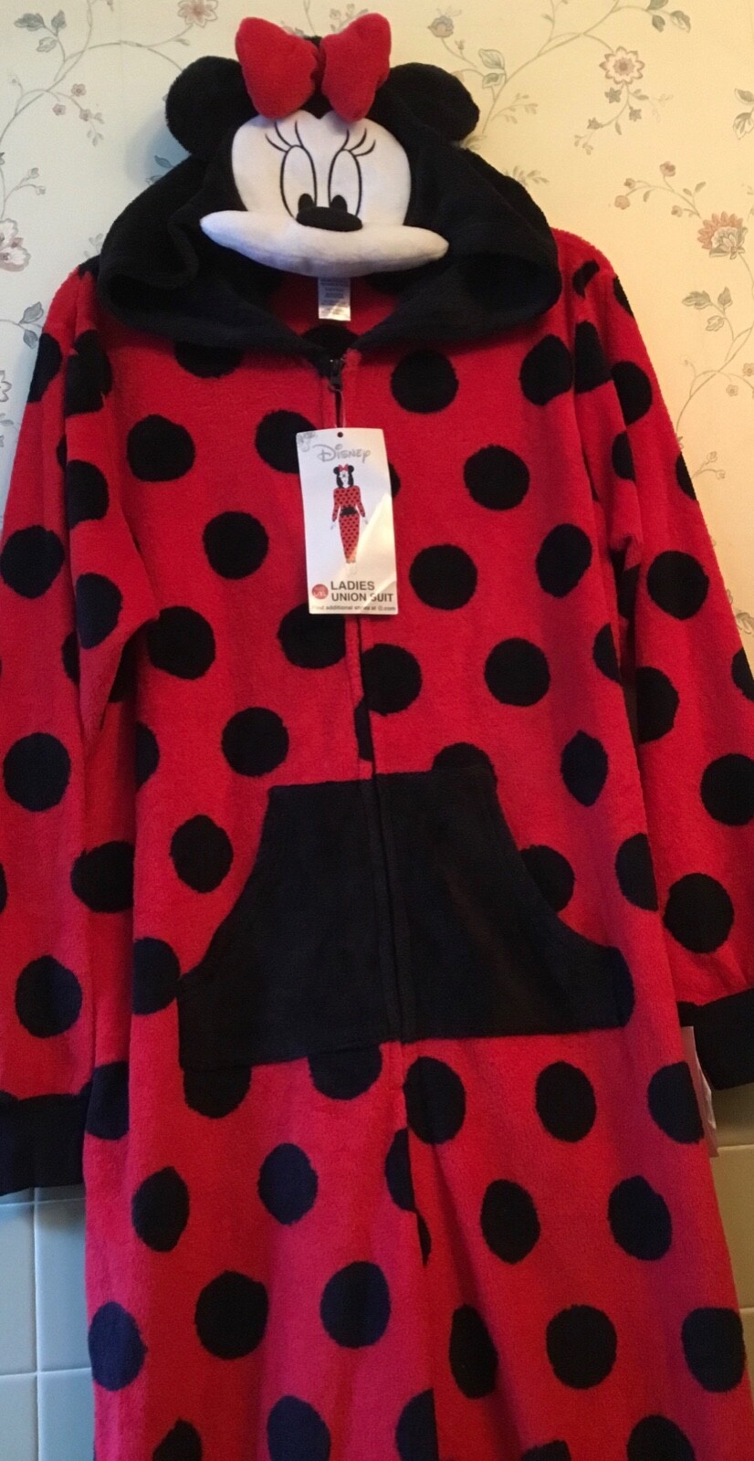 DISNEY Women’s  MINNIE MOUSE Adult Union Suit Fleece Pajamas One Piece  L /  XL