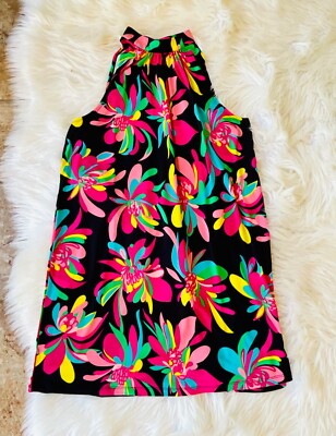 NWT 🌴Trina Turk🌴 Women SZ M Black/Pink Juju Floral Halter Mini Dress ...