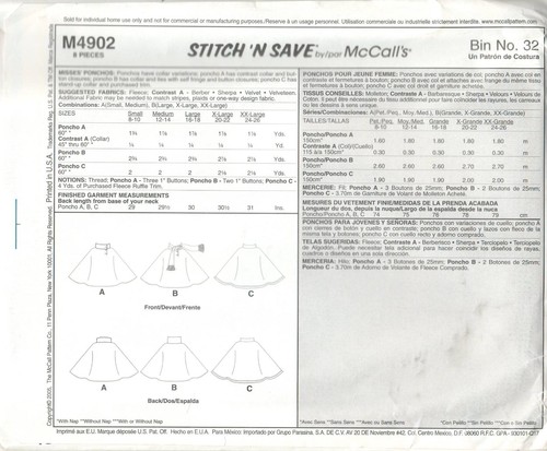 McCall's Uncut Pattern M4902 Misses Ponchos Sizes Sm-Med Easy Stitch 'n Save - Picture 2 of 2