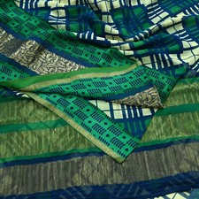 Vintage Sari Ivory Green Pure Georgette Silk Printed Sarees Sewing 5yd Fabric