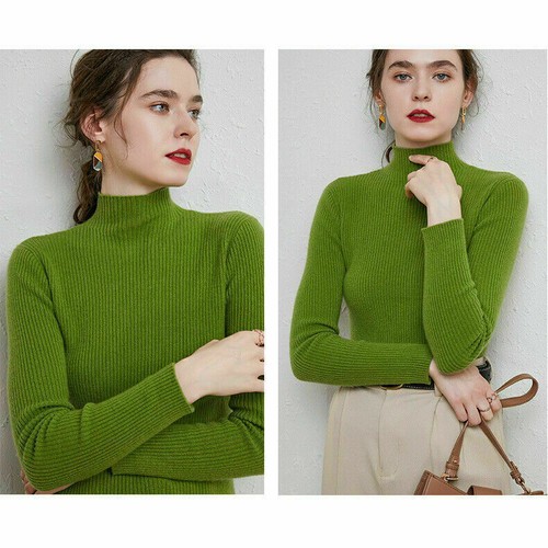 Damen Kaschmir Pullover, Wollpullover, Slim Fit Gummizug Halb High Neck Pulli - Bild 1 von 33