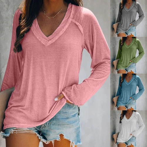 Blusa lisa informal de verano para mujer cuello en V manga larga camiseta pulóver prendas sueltas - Imagen 2 de 13