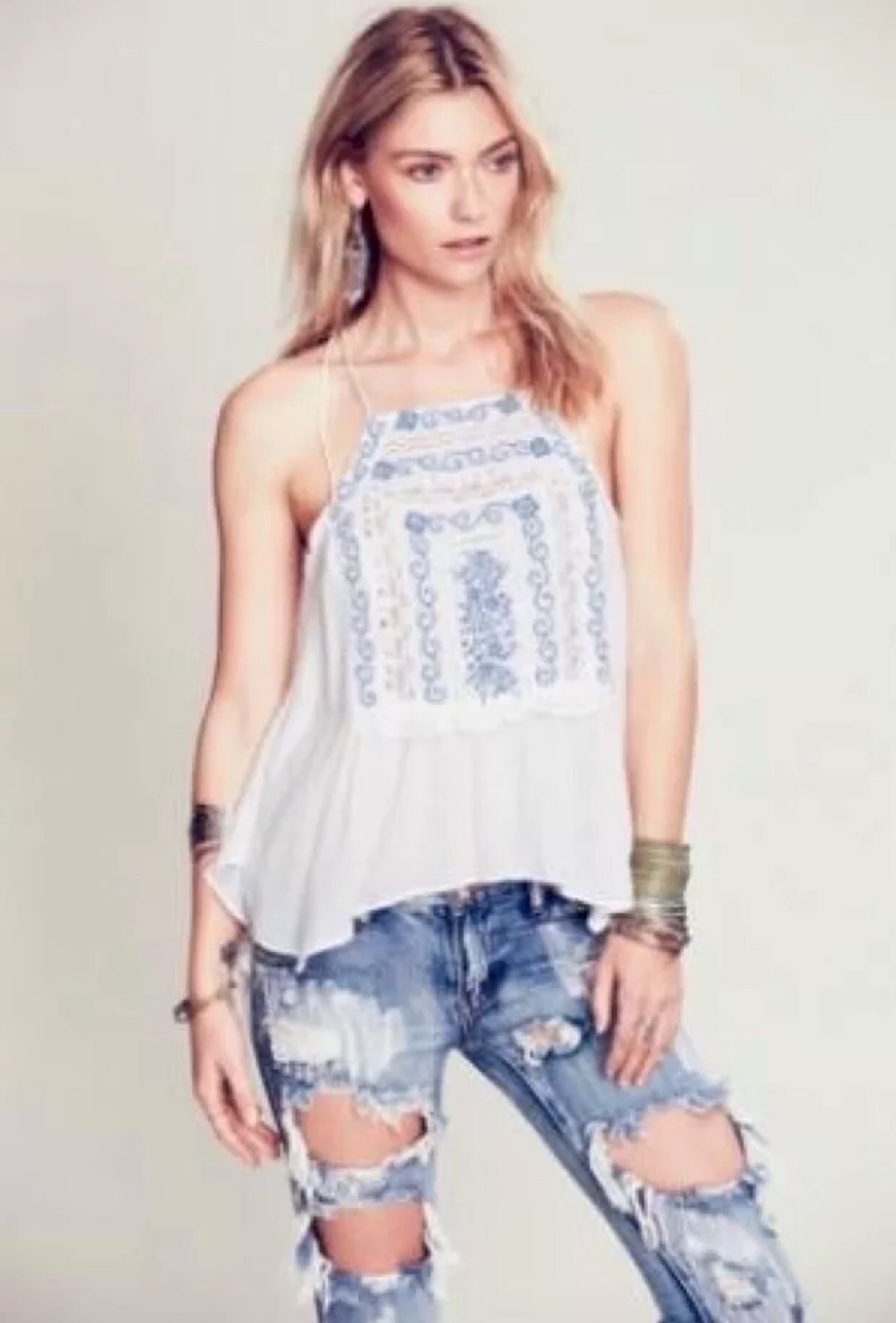 Free People Diamonds In The Sky Tank RARE NWT XS Blau Embroidery Ivory Top Free People Diamonds In The Sky Tank RARE NWT XS Blau Embroidery Ivory Top