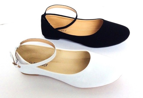 white Women/'s Classic Ballerina Flats with ankle Strap round toe black