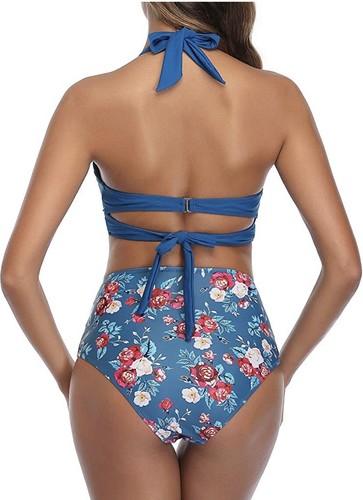 Tempt Me Women Vintage Swimsuit Two Piece Retro Halter, Blue, Size XS - Picture 3 of 4