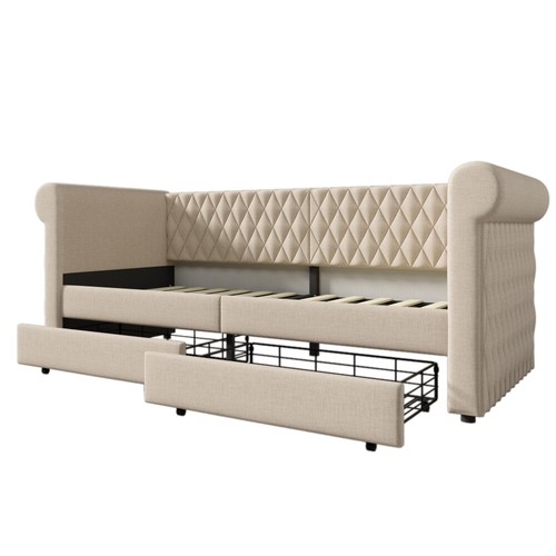 Vintage Schlafsofa 90x200 cm, Bettgestell mit Holz-Lattenrost, Leinen, Beige - Bild 12 von 22