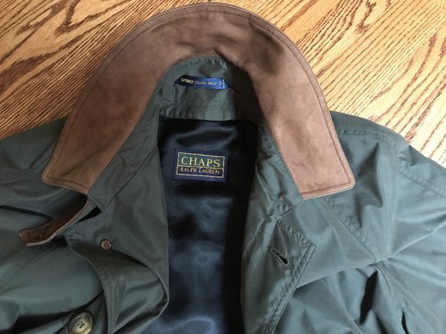 CHAPS~Ralph Lauren~42R~Dark Olive Trench Raincoat~Faux Leather Collar - Picture 2 of 11