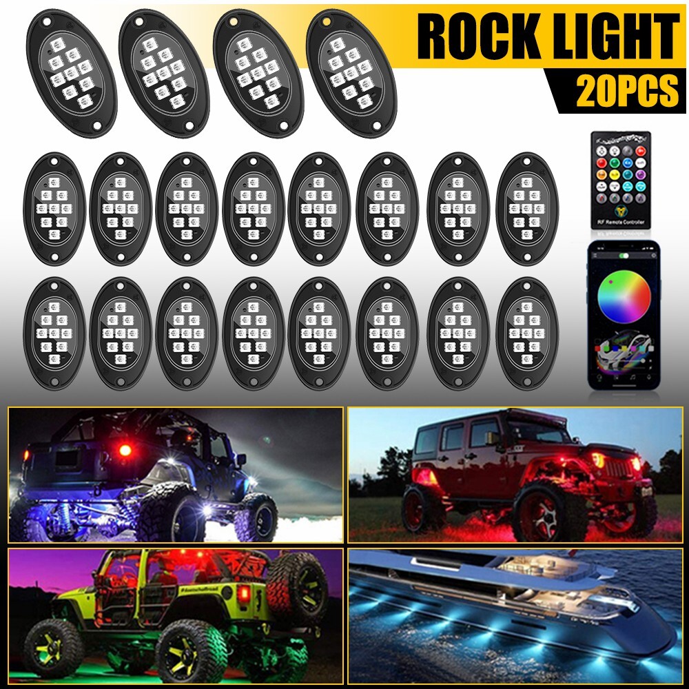20 Pod RGB LED Rock Light Underbody Trail Rig Glow Lamp Offroad SUV Pickup Truck