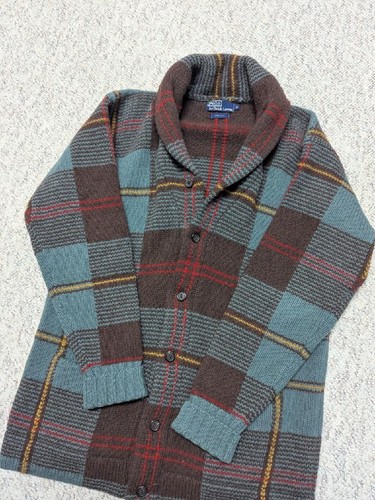 vintage POLO by RALPH LAUREN wool sweater M plaid CARDIGAN chunky cowichan