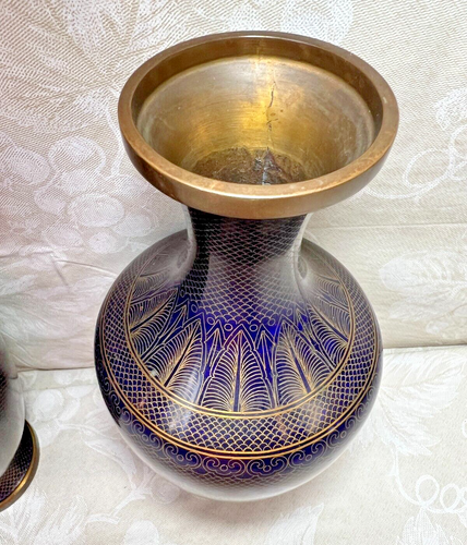 Antikes Paar chinesische Cloisonne Vasen blau & gold 2 Messingbesatz Ringe - Bild 9 von 19