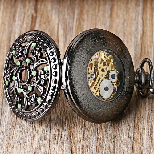 Men's Mechanical Pocket Watch Hollow Flower Black Pendant Chain Hand Winding - Picture 9 of 10