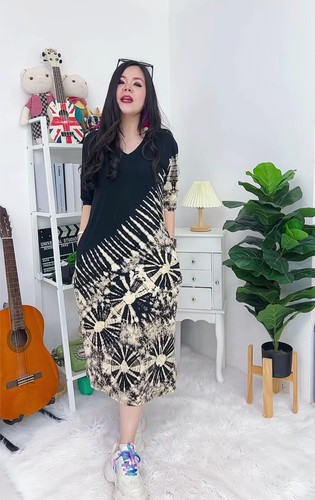 Langes Damenkleid Thai Handarbeit Batik Mehrfarbig V-Ausschnitt Freie Größe - Bild 39 von 74