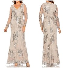 Mac Duggal Embellished V-Neck Illusion Long Sleeve Gown Taupe Pink Size 2