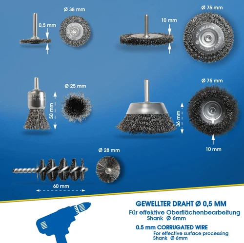 Drahtbürsten Set 5-tlg, Rundschaft 6mm: Rund-,Topf-, Pinsel-, Zylinderbürste - Bild 2 von 8