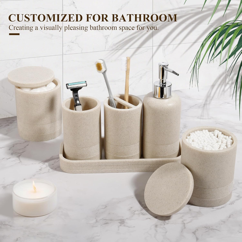 6-Piece Beige Bathroom Accessories Set - Modern Organizer for Stylish Spaces - Picture 3 of 12