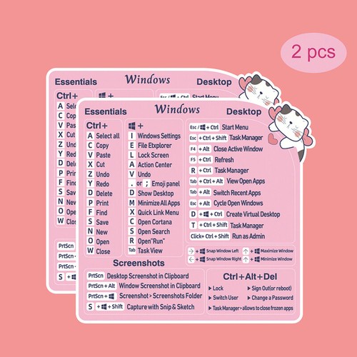 2pcs Vinyl Pink Cat Pattern Reference Keyboard Shortcut Stickers For Laptops IL - Afbeelding 6 van 9