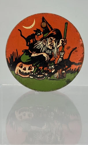 U.S. METAL TOY Mfg. Co. Vntg HALLOWEEN TIN NOISE MAKER Ratchet Witch Cat Pumpkin