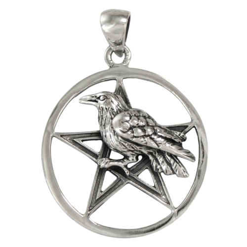 Pendentif pentacle corbeau en argent sterling - Pentagramme bijoux corbeau païen wiccan  - Photo 1 sur 1
