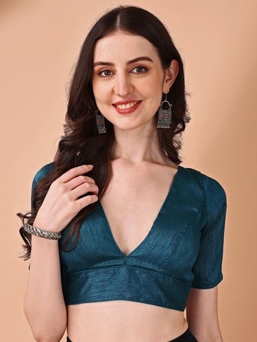 Women Dupain Solid Blouse V-neck Short Sleeves Saree Blouse For Party wear look - Picture 9 of 35